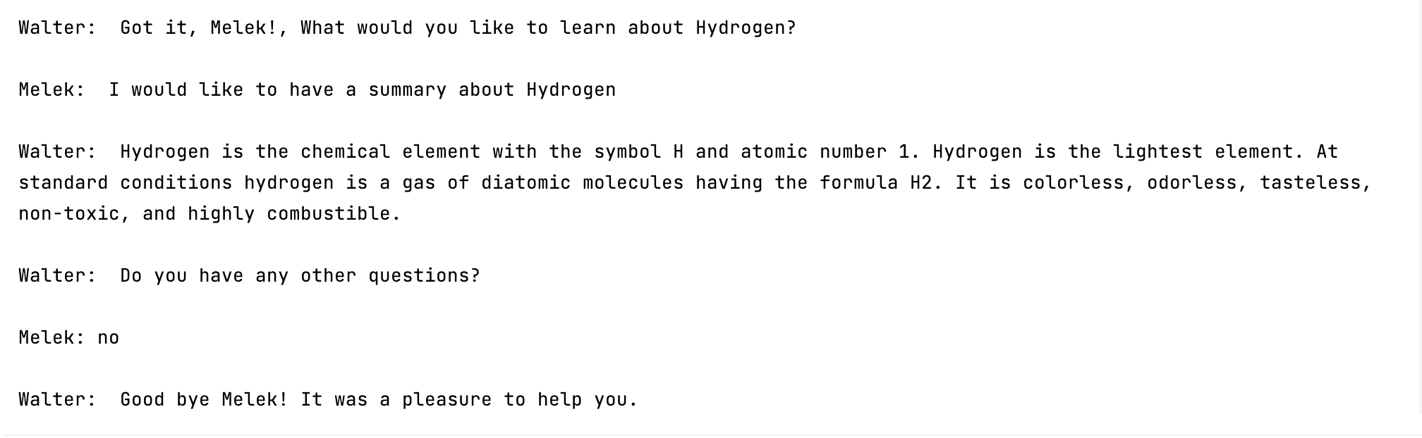 Walter chatbot hydrogen summary response screenshot